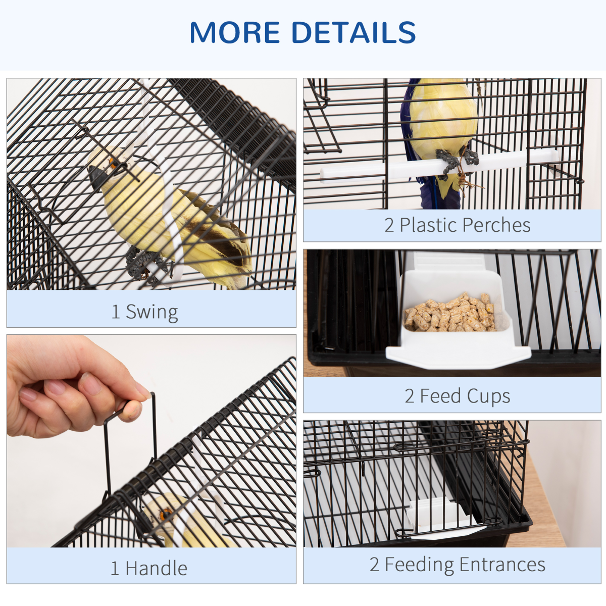 PawHut Metal Bird Cage with Plastic Perch, Food Container, Swing Ring and Handle – Compact Cage, Black