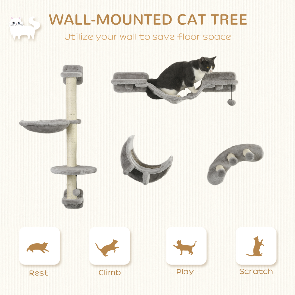 PawHut 4-Piece Wall-Mounted Cat Furniture Set with Hammock, Ladder & Platforms – Cat Climbing Shelves, Grey