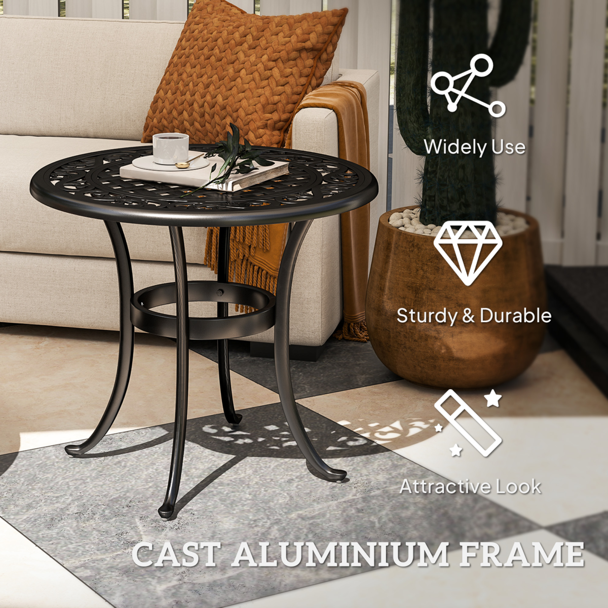 Outsunny Cast Aluminium Garden Side Table with Adjustable Footpads, 60kg Capacity – Outdoor Patio Table, Black