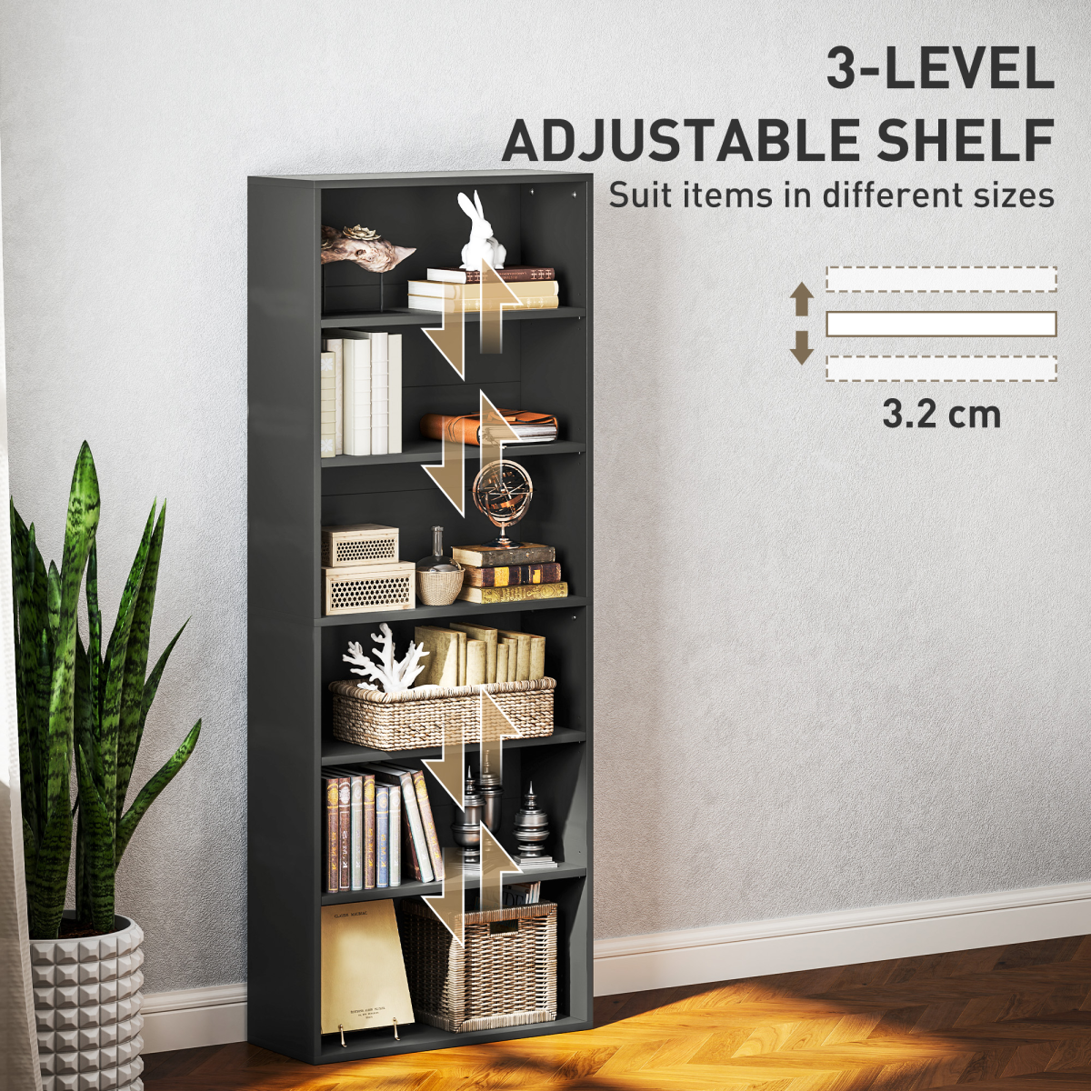 HOMCOM 6 Tier Bookshelf with 4 Adjustable Shelves and Anti-Tip Straps – Freestanding Bookcase, Black
