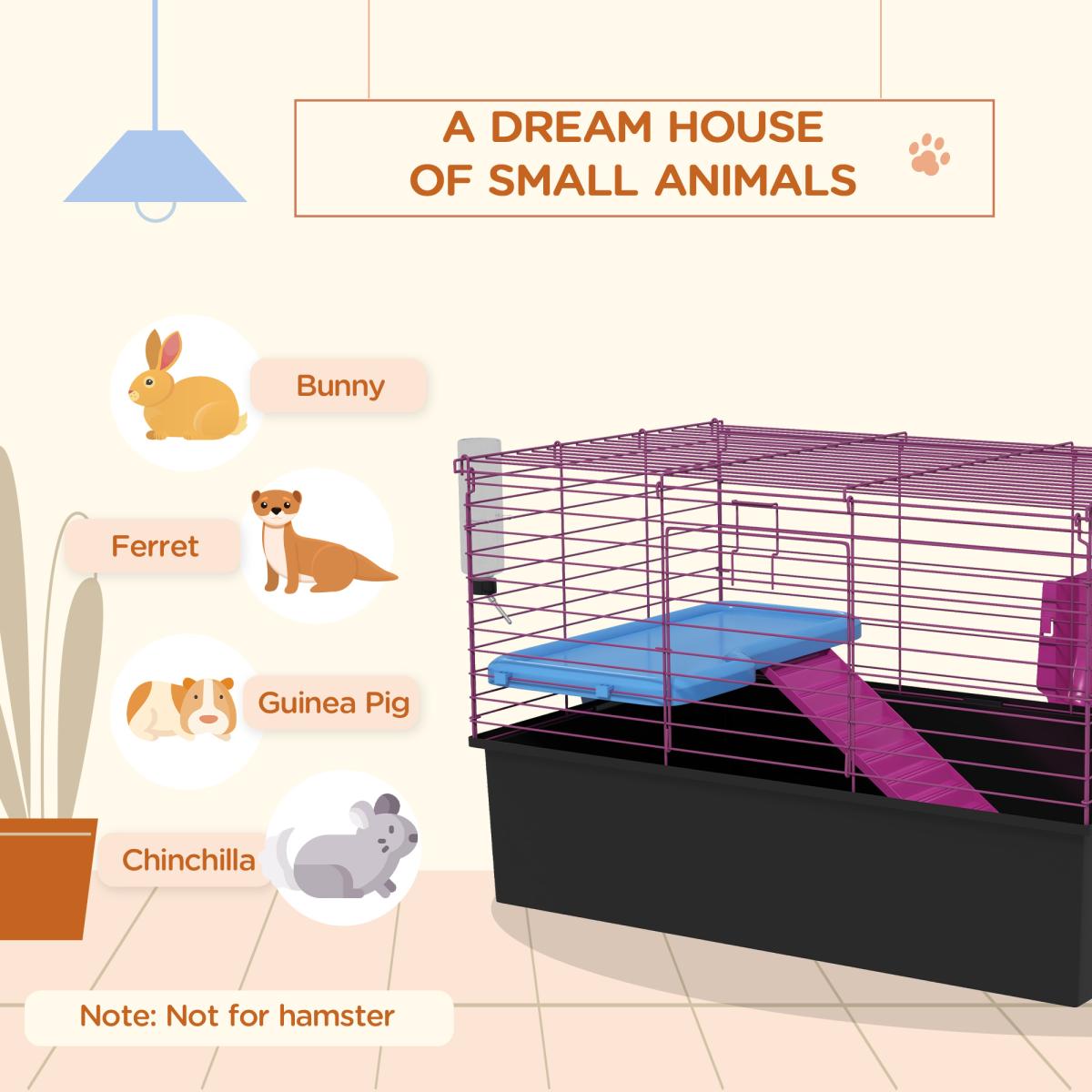 PawHut Small Animal Cage, Rabbit and Guinea Pig Hutch with Platform, Ramp and Hay Feeder – Black