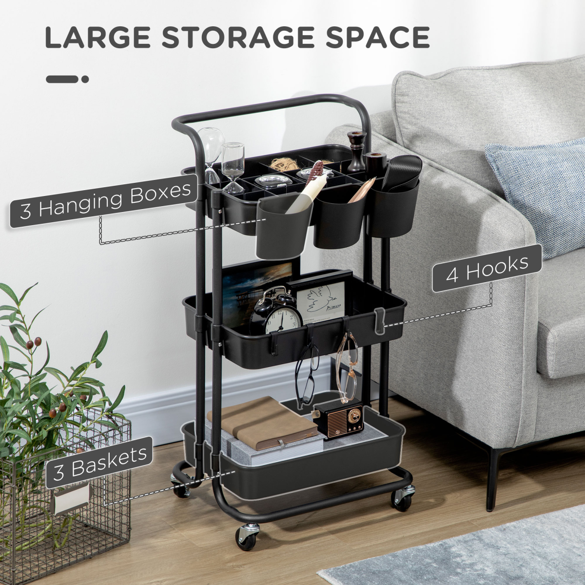 3-Tier Utility Cart with Mesh Baskets, Removable Boxes & Smooth-Rolling Wheels – Black Mobile Storage Trolley