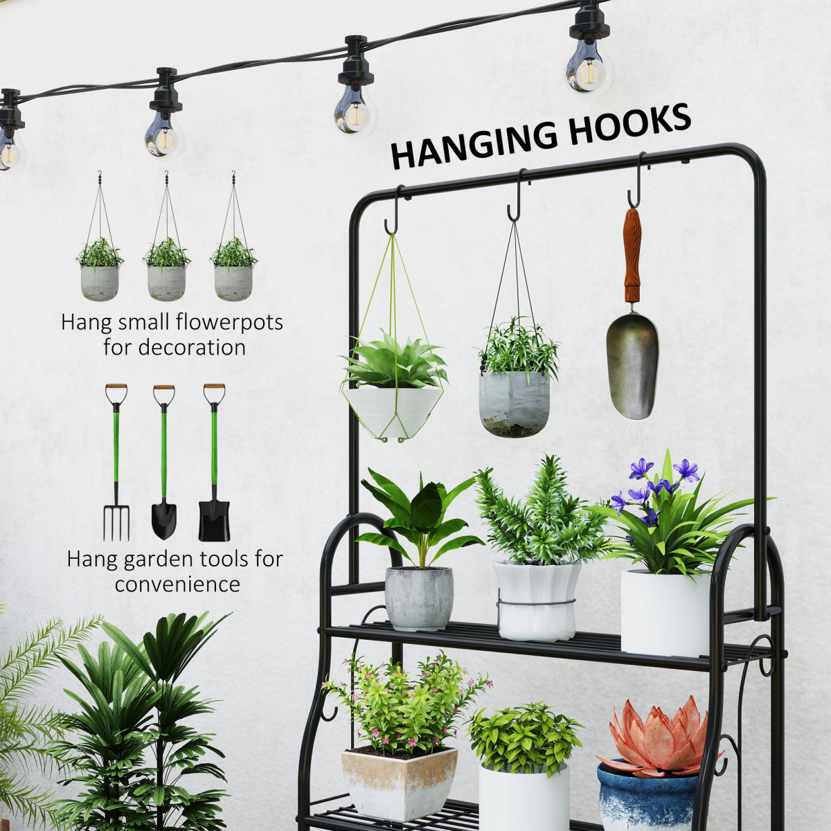 Outsunny 3 Tier Metal Plant Stand with Hanging Hooks – Garden, Balcony and Living Room Plant Shelf, Black