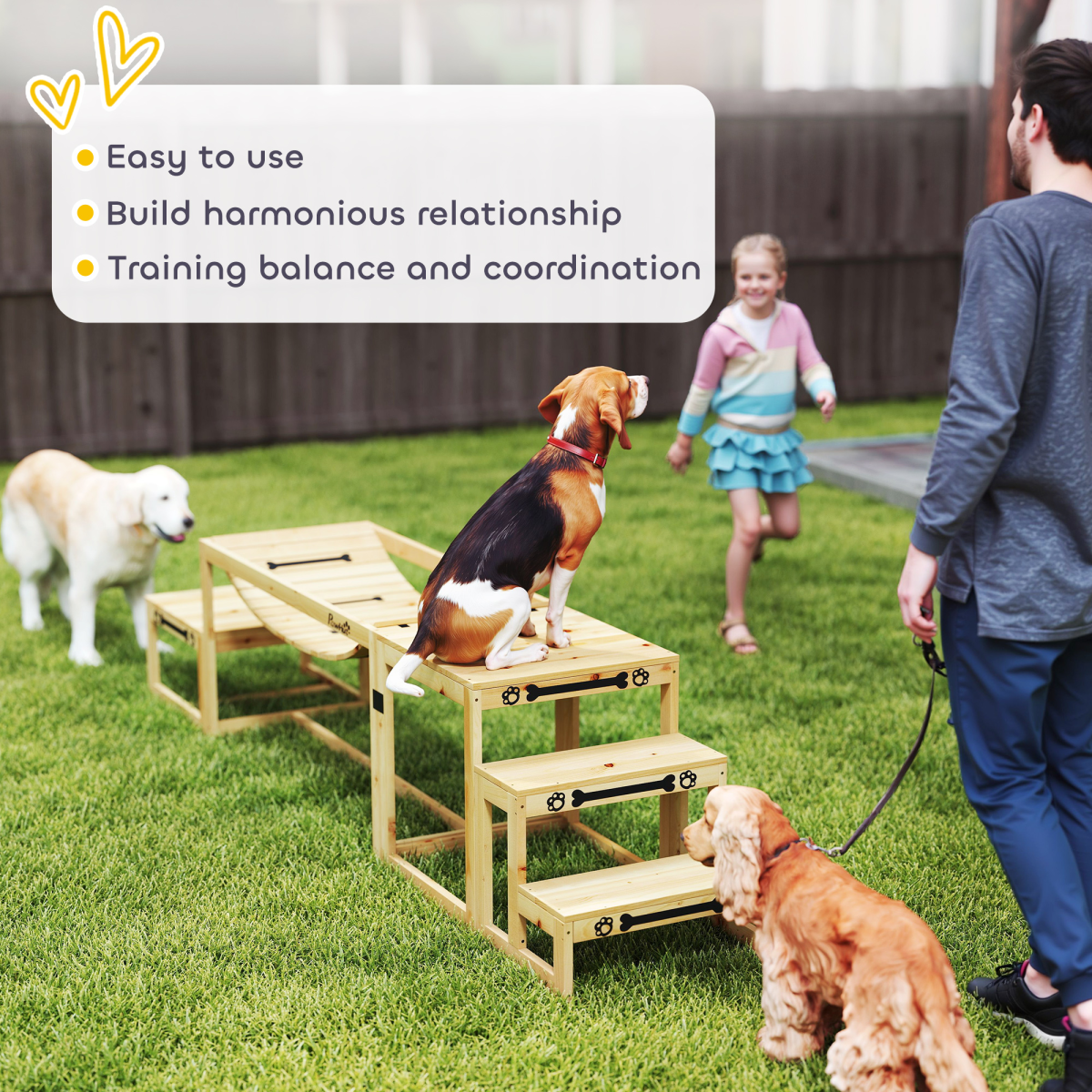 PawHut 3-Piece Wooden Dog Agility Training Set with Soft Bridge, Pause Platform & Ladder – Natural Wood