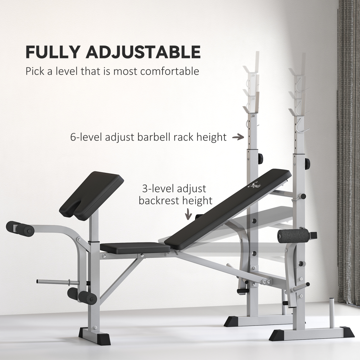 HOMCOM Adjustable Weight Bench with Squat Rack, Leg Developer & Plate Storage – Home Gym Workout Bench, Grey