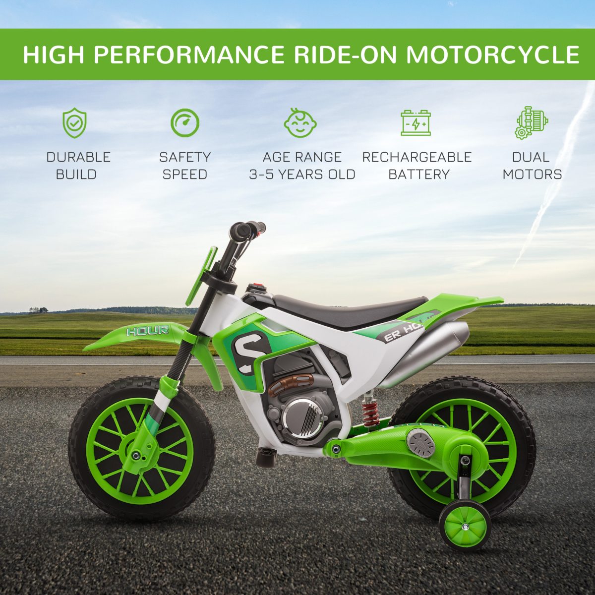 HOMCOM 12V Kids Electric Motorbike with Training Wheels & 2 Speeds – Battery Ride-On for 3-5 Years, Green
