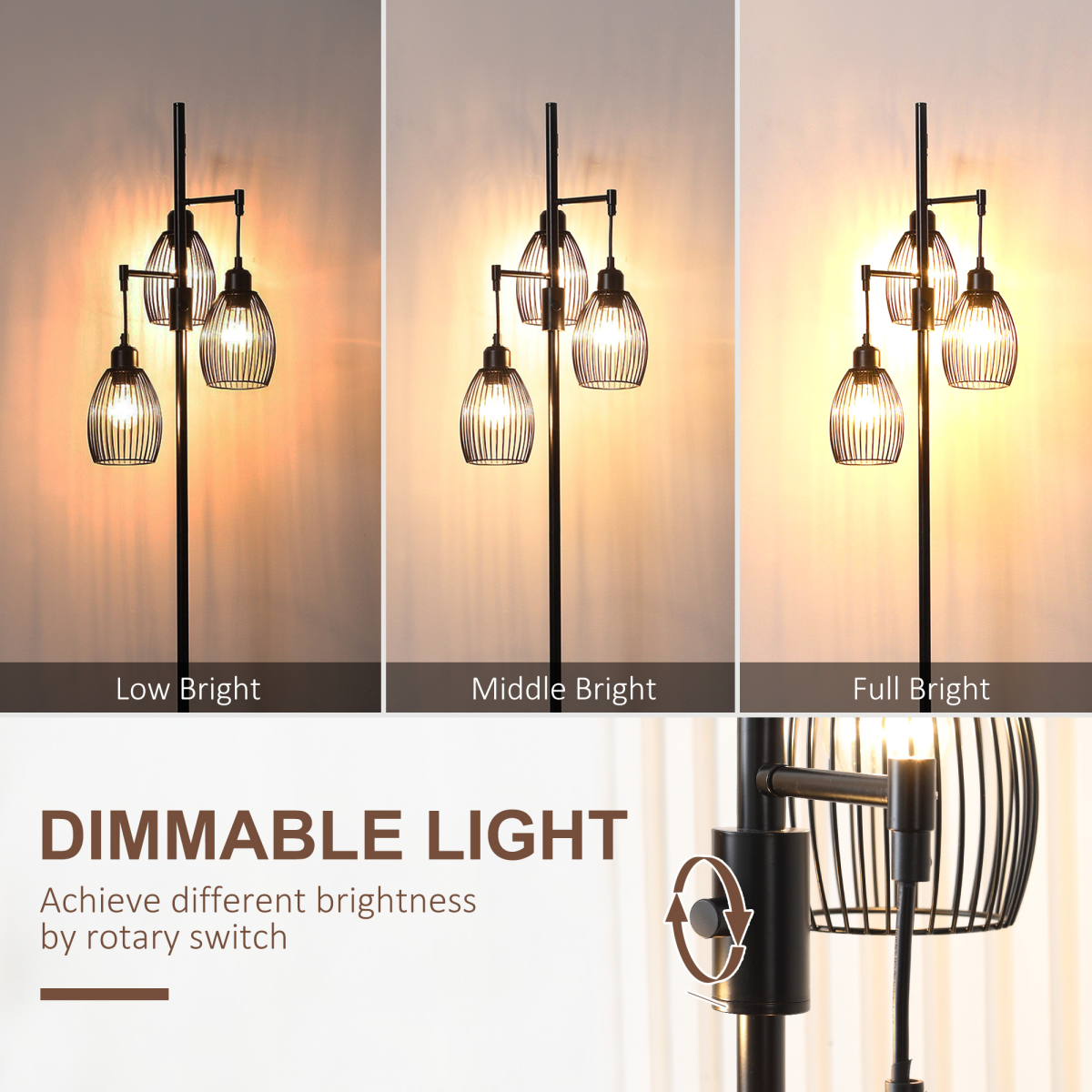 HOMCOM 170cm Industrial 3-Light Dimmable Floor Lamp – Steel Frame, Black