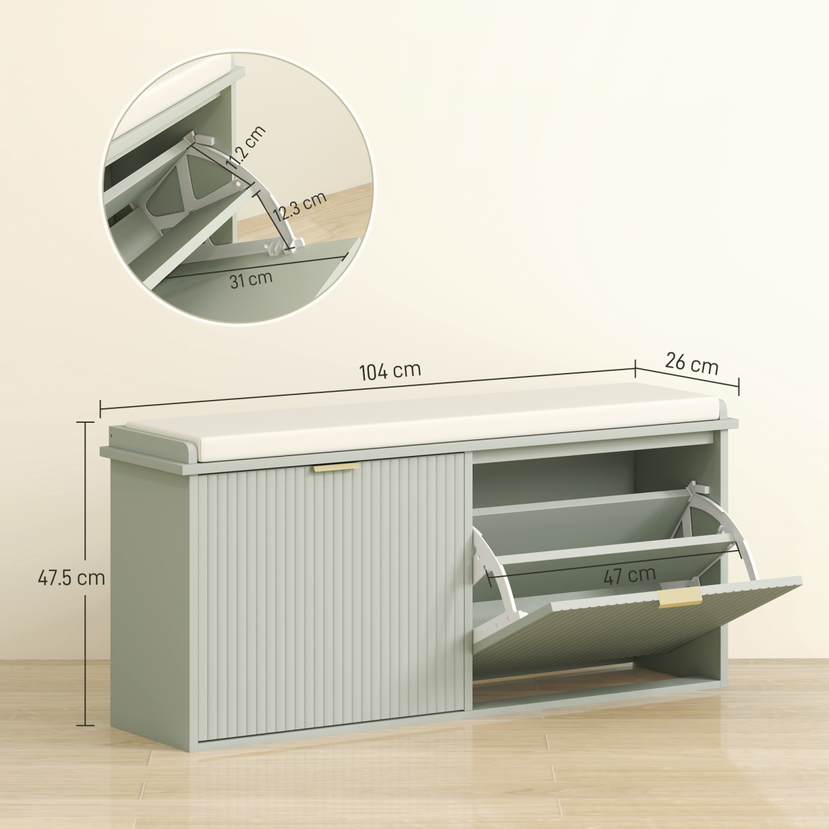 Shoe Storage Bench with Cushioned Seat & 2 Drawers for 10 Pairs – 104cm Hallway Shoe Cabinet, Green and Beige