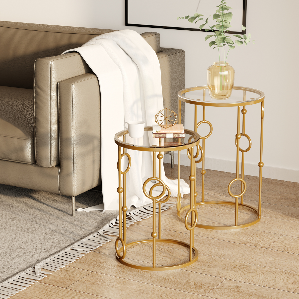 HOMCOM Set of 2 Gold Nesting Side Tables with Tempered Glass Tops – Space-Saving Coffee Tables
