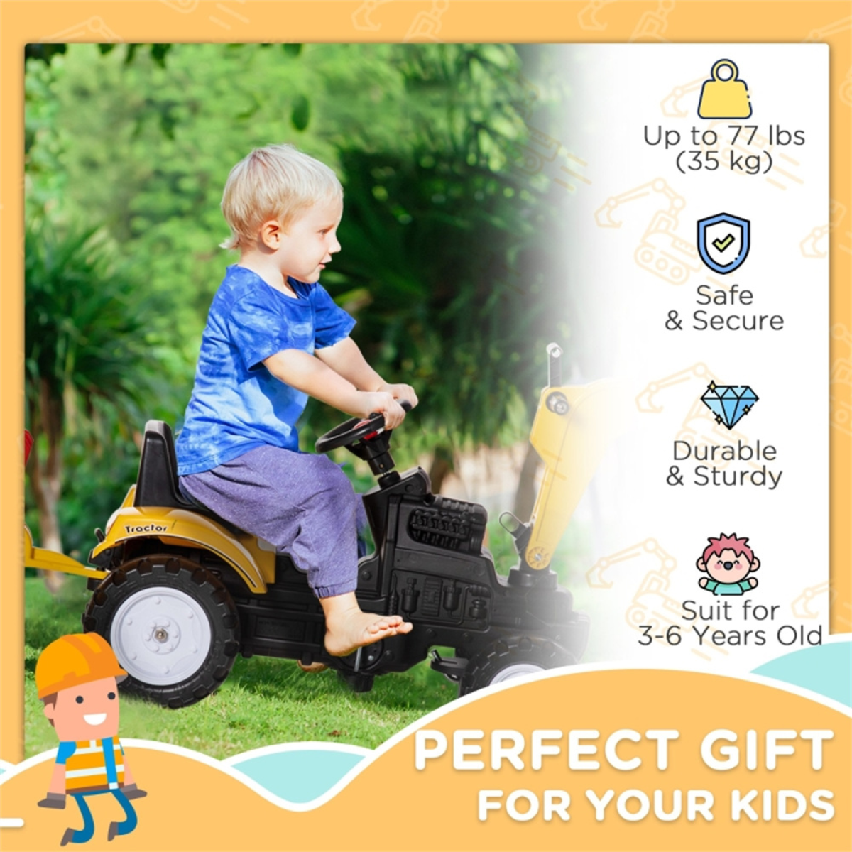 Kids Ride-On Construction Truck with Lift Arm, Horn and Detachable Trailer – Pedal Digger, Yellow
