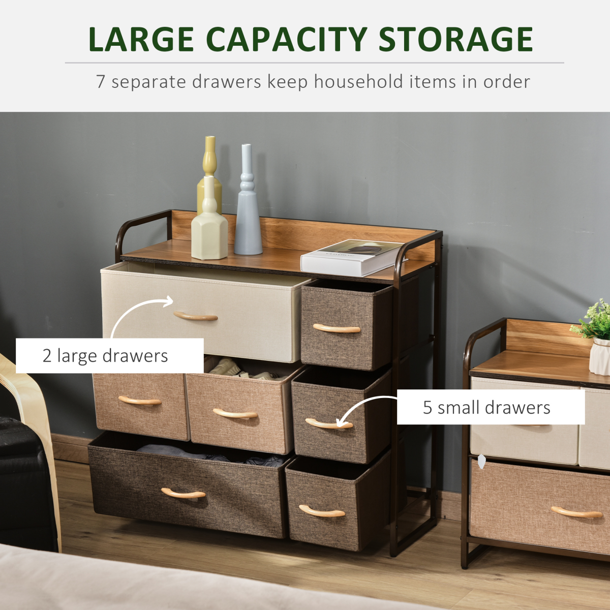 HOMCOM 7-Drawer Fabric Dresser with Steel Frame & Wood-Effect Top – Bedroom Storage Organiser