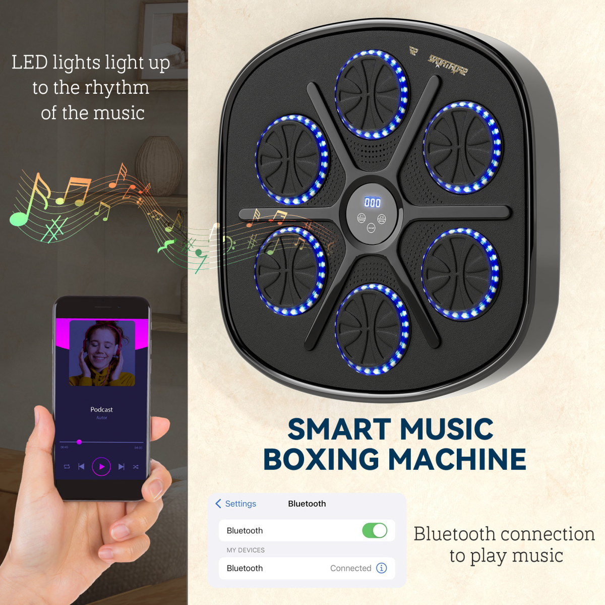 SPORTNOW Smart Bluetooth Boxing Machine, Wall Mounted with 9 Speeds & Modes – Music Boxing Trainer, Black