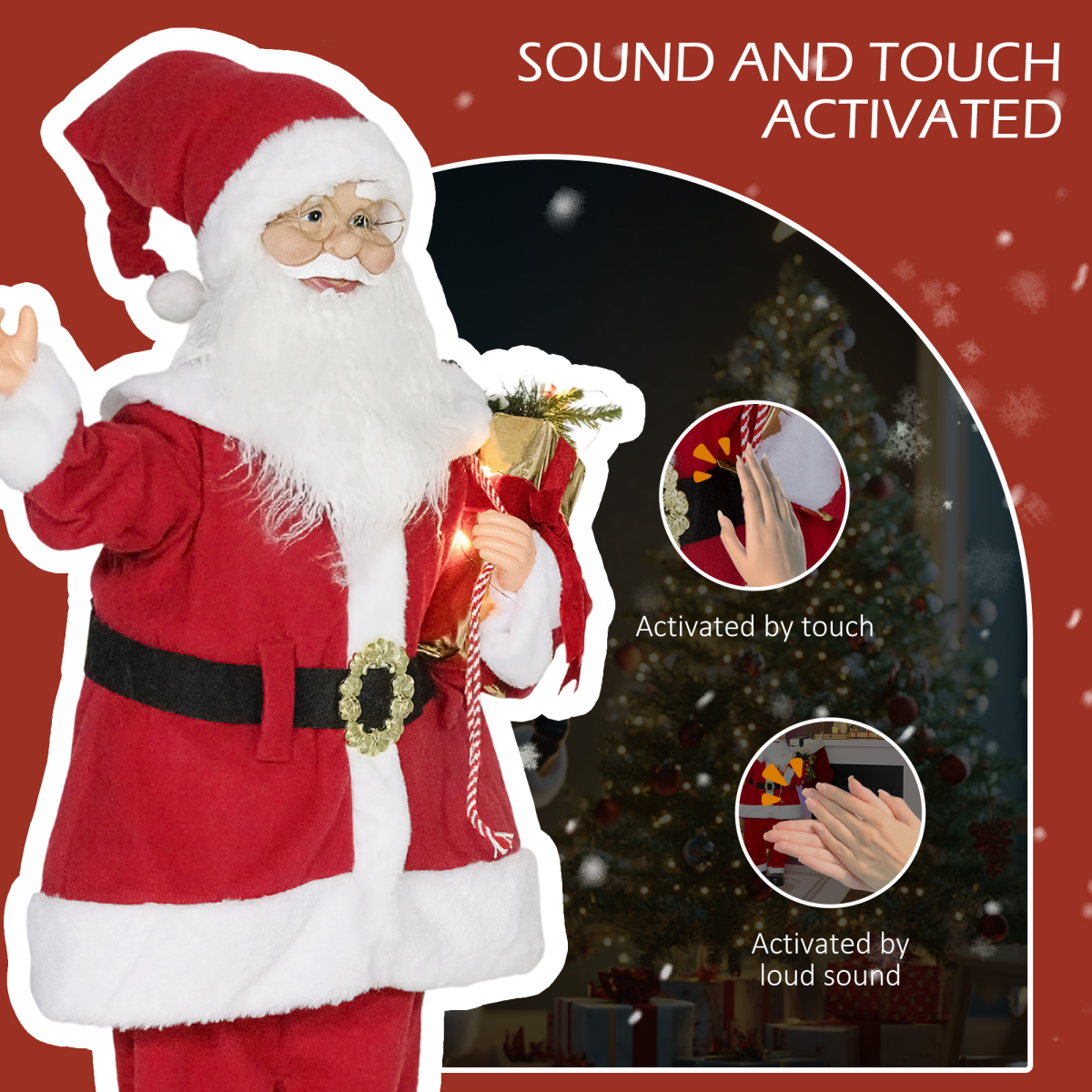 HOMCOM Life Size Animated Santa Claus with Sound Activation and LED Lights – Christmas Party Decoration, Red