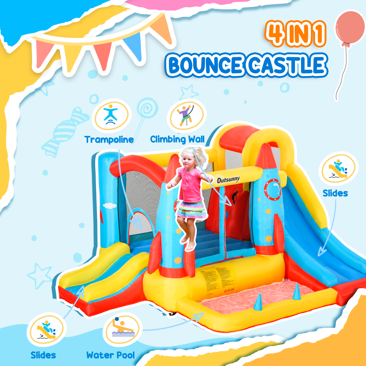 Rocket-Themed Bouncy Castle with Two Slides, Splash Pool, Trampoline & Climbing Wall – Garden Inflatable