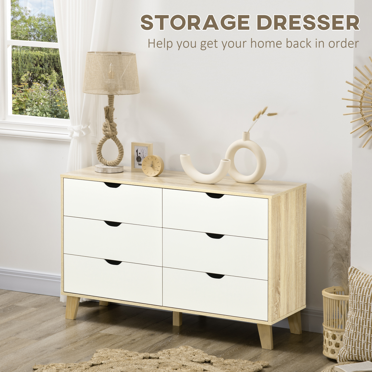 6 Drawer Chest of Drawers with Anti-Tipping Straps – Wide Low Bedroom Storage Unit, White and Brown