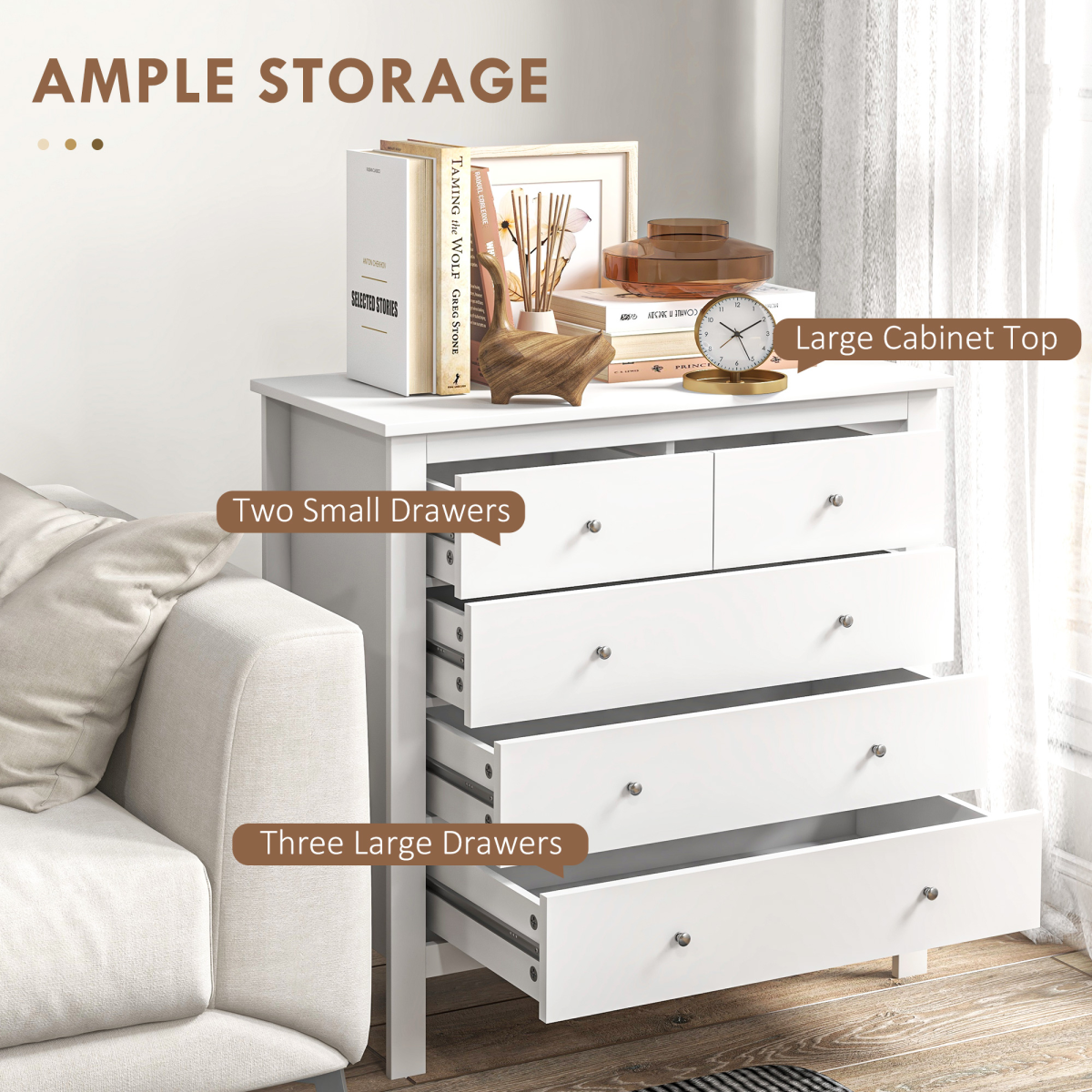 HOMCOM Modern 5-Drawer Chest with Metal Knob Handles – Bedroom Storage Cabinet, 2 Small and 3 Large Drawers, White