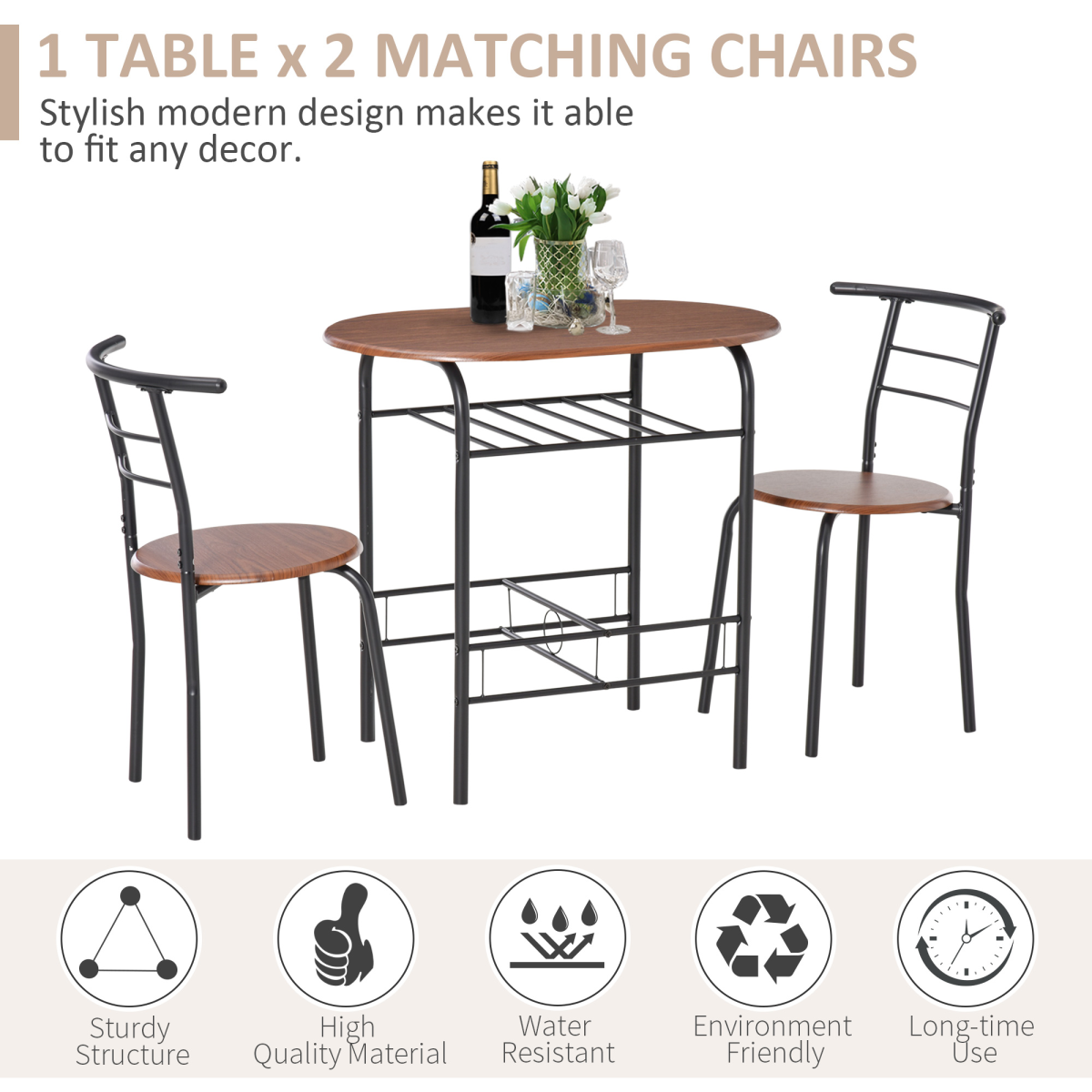 HOMCOM 2-Seater Bar Table and Stool Set with Bottle Storage Shelf – Compact Breakfast Bar, Wood Tone