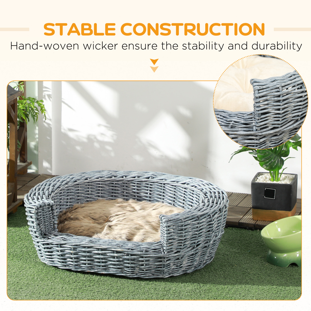 Pawhut Elevated Pet Sofa Bed with Willow Rattan Frame & Cushion – Cat & Dog Basket, Small Breeds up to 20kg