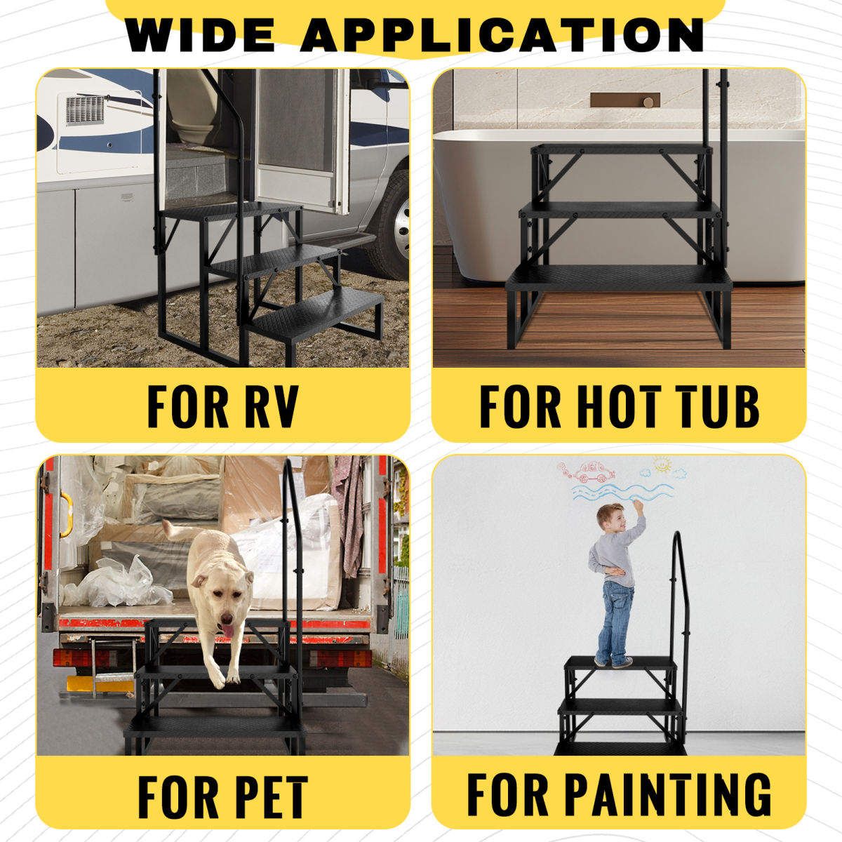 Portable 3-Step RV Step Stool with Handrail – 660lb Capacity, Detachable Steel Steps for Camper, Hot Tub, Pool & Porch