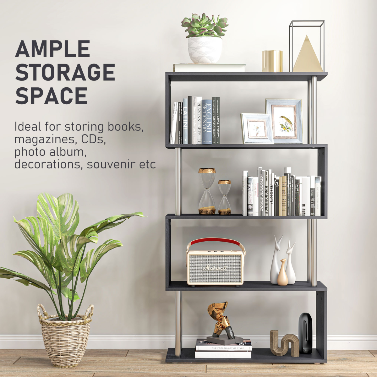 HOMCOM Wooden S-Shape Bookshelf & Room Divider – Multi-Tier Display Shelves, Black
