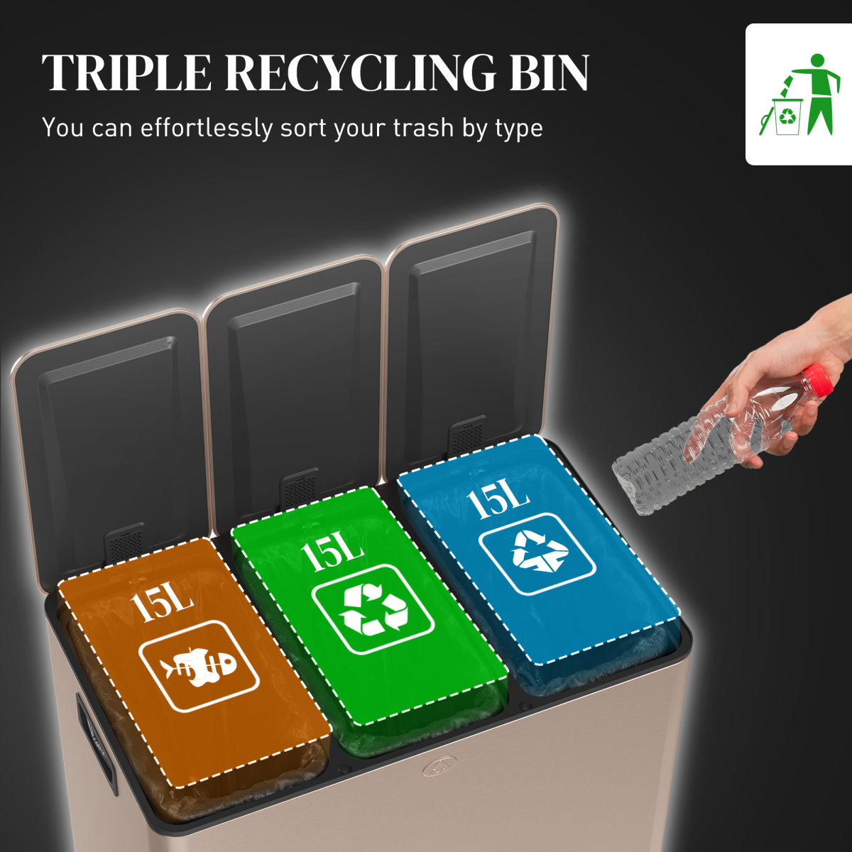 HOMCOM 3 x 15L Triple Recycling Pedal Bin with Lids – Kitchen Waste Sorting, Gold Tone
