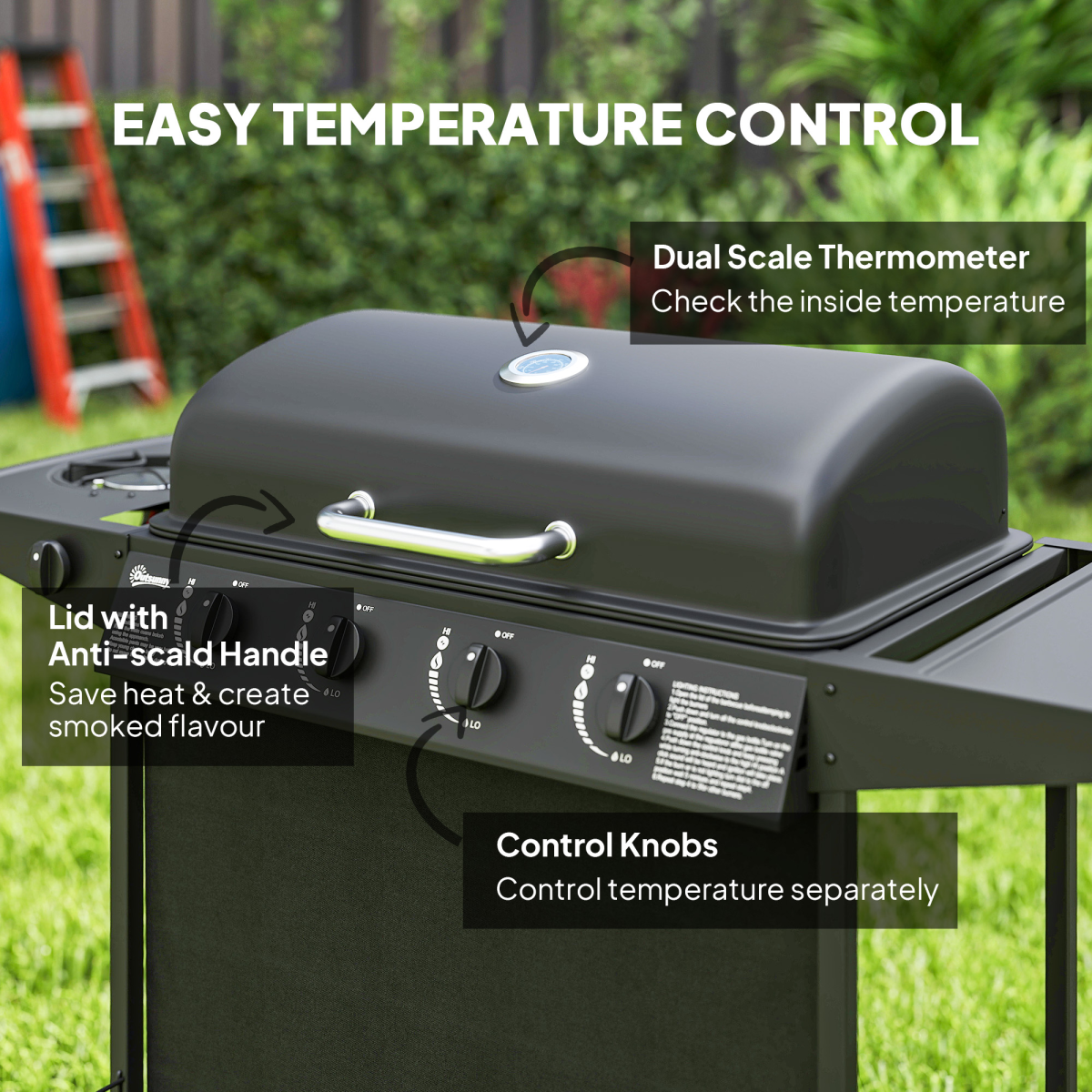 Outsunny 5 Burner Gas Barbecue Grill with Side Burner, Lid and Thermometer – Portable BBQ, Black