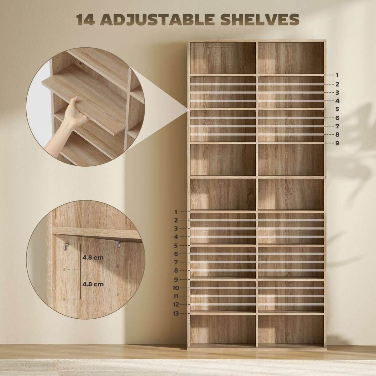 HOMCOM CD & DVD Storage Tower with 18 Compartments – Holds 640 CDs or 360 DVDs, Natural Wood Finish