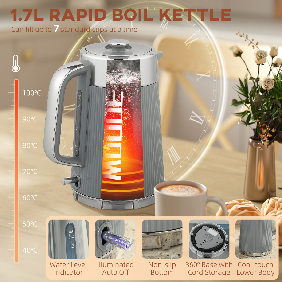 Kettle and 4-Slice Toaster Set with 1.7L 3000W Fast Boil Kettle & 7 Browning Levels – Ridged Design, Tan