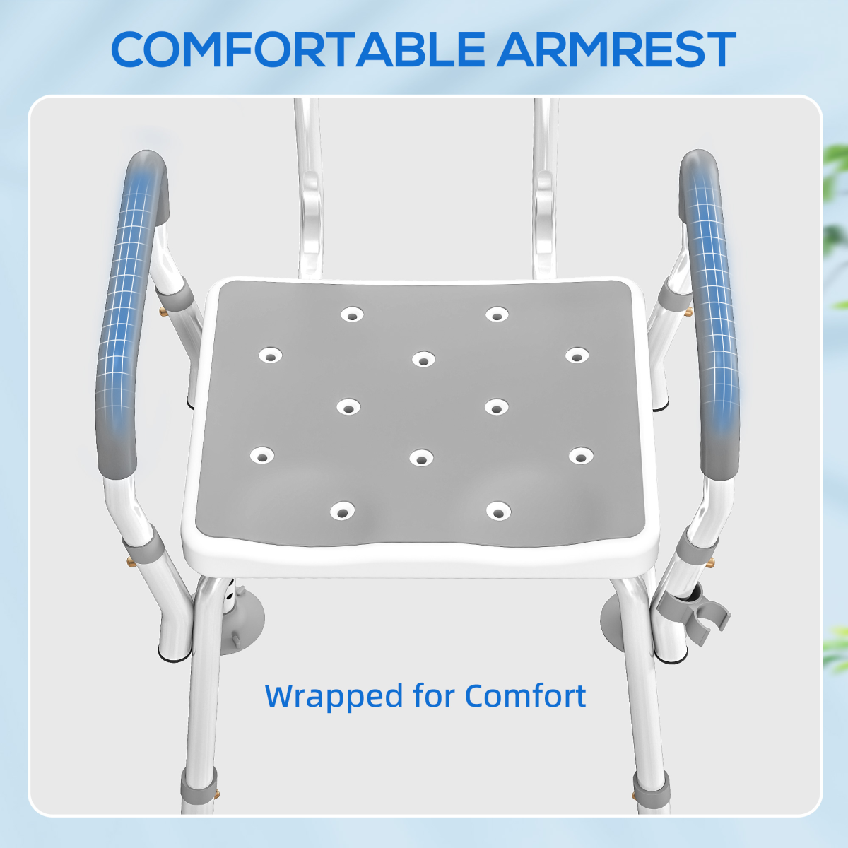 HOMCOM Padded Shower Stool with Arms, Back & 4 Suction Foot Pads – Height Adjustable Bath Seat, Grey
