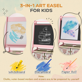 AIYAPLAY Kids Easel with Paper Roll, Blackboard, Whiteboard and Storage Baskets – 3-in-1 Art Easel, Pink