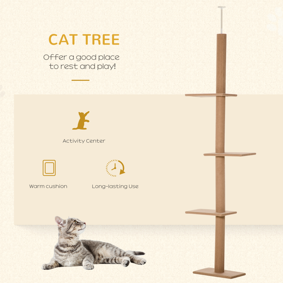 PAWHUT 260cm Floor-to-Ceiling Cat Tree with Four Platforms & Adjustable Height – Indoor Climbing Tower, Brown