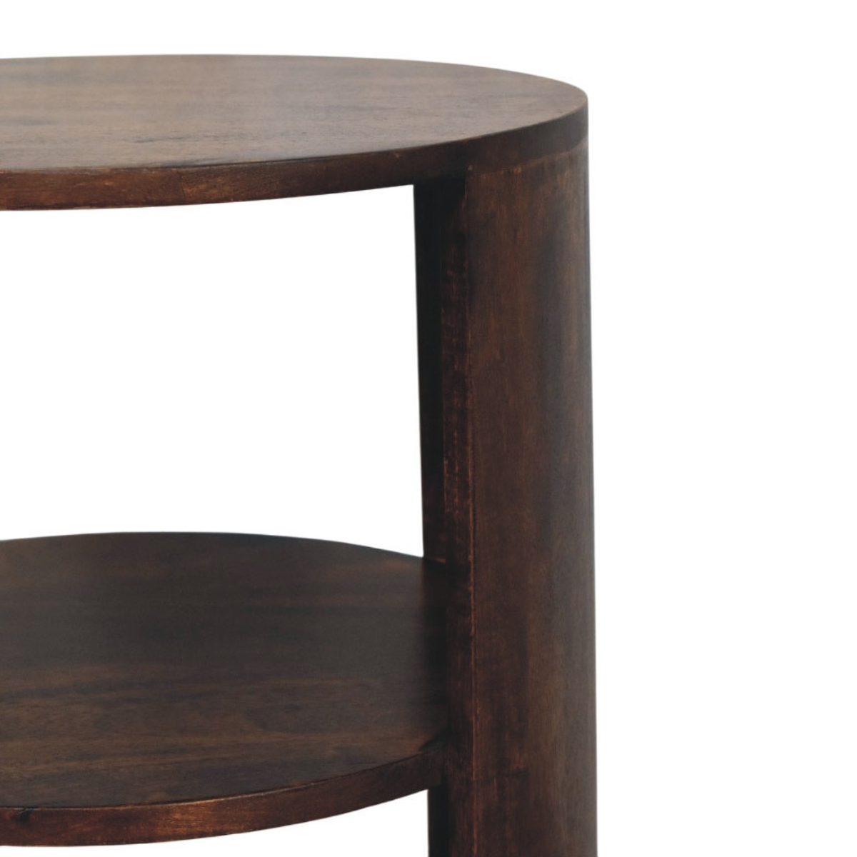 Artisan Furniture Solid Wood Ventura Round Side Table with 2 Open Shelves – California Walnut, Dark Brown