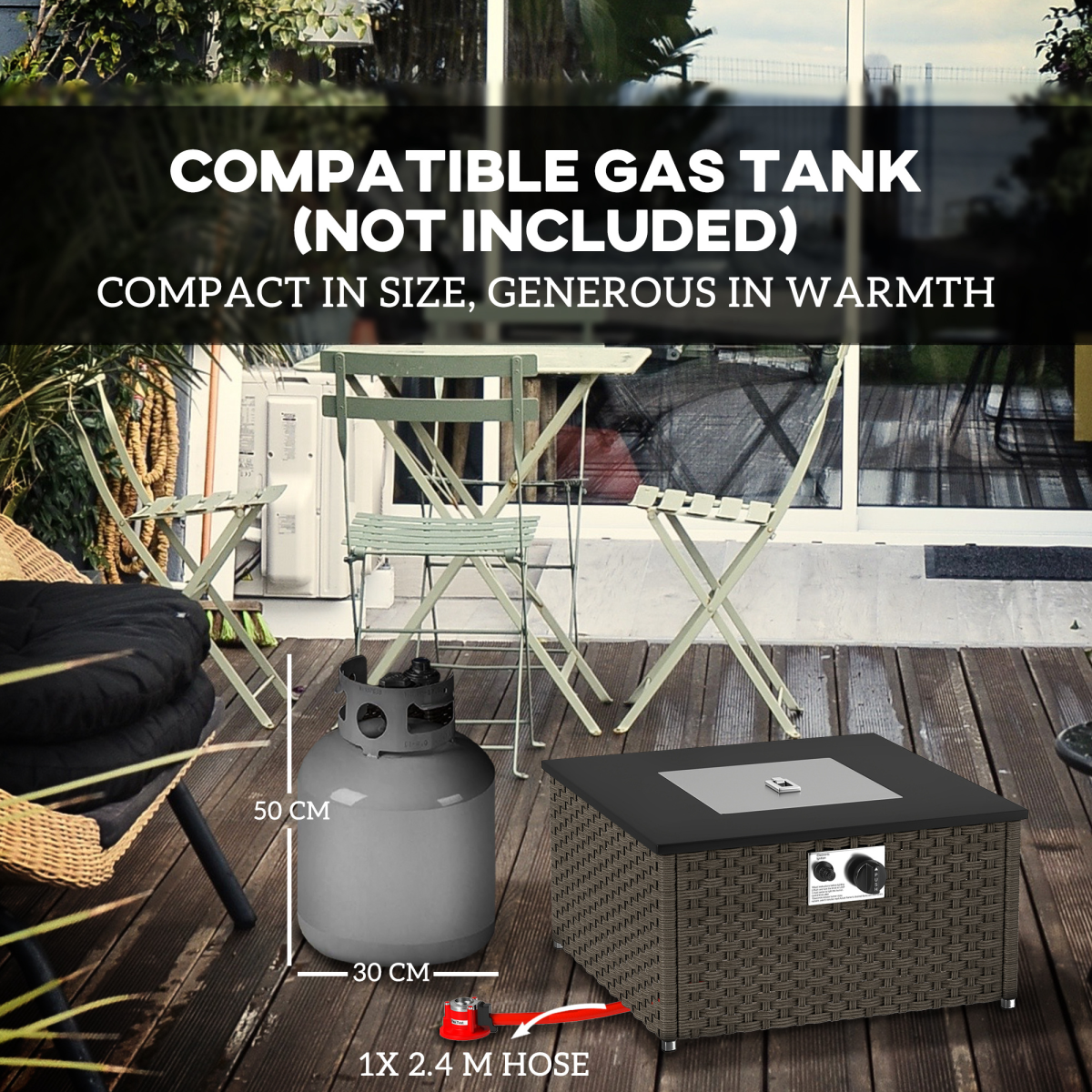 Rattan Gas Fire Pit Table with 13kW Burner, Pulse Ignition & Lid – Outdoor Patio Coffee Table Heater, Grey