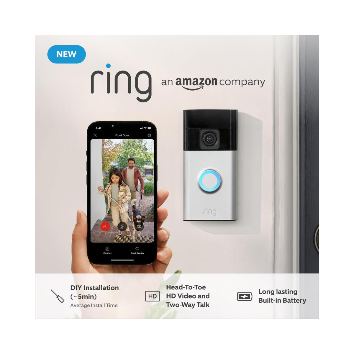 Ring Battery Video Doorbell (2024) with HD Video & Two-Way Talk – Wire-Free Smart Home Security, Satin Nickel