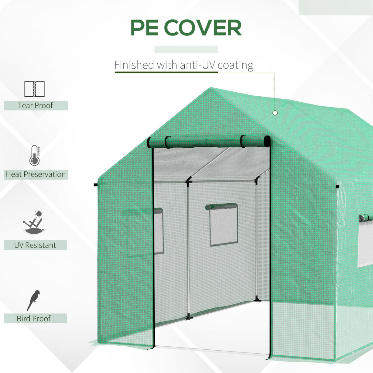 Outsunny 2 x 3m Tunnel Greenhouse with UV PE Cover, Wide Roll-Up Door & Mesh Windows – Steel Frame, Green