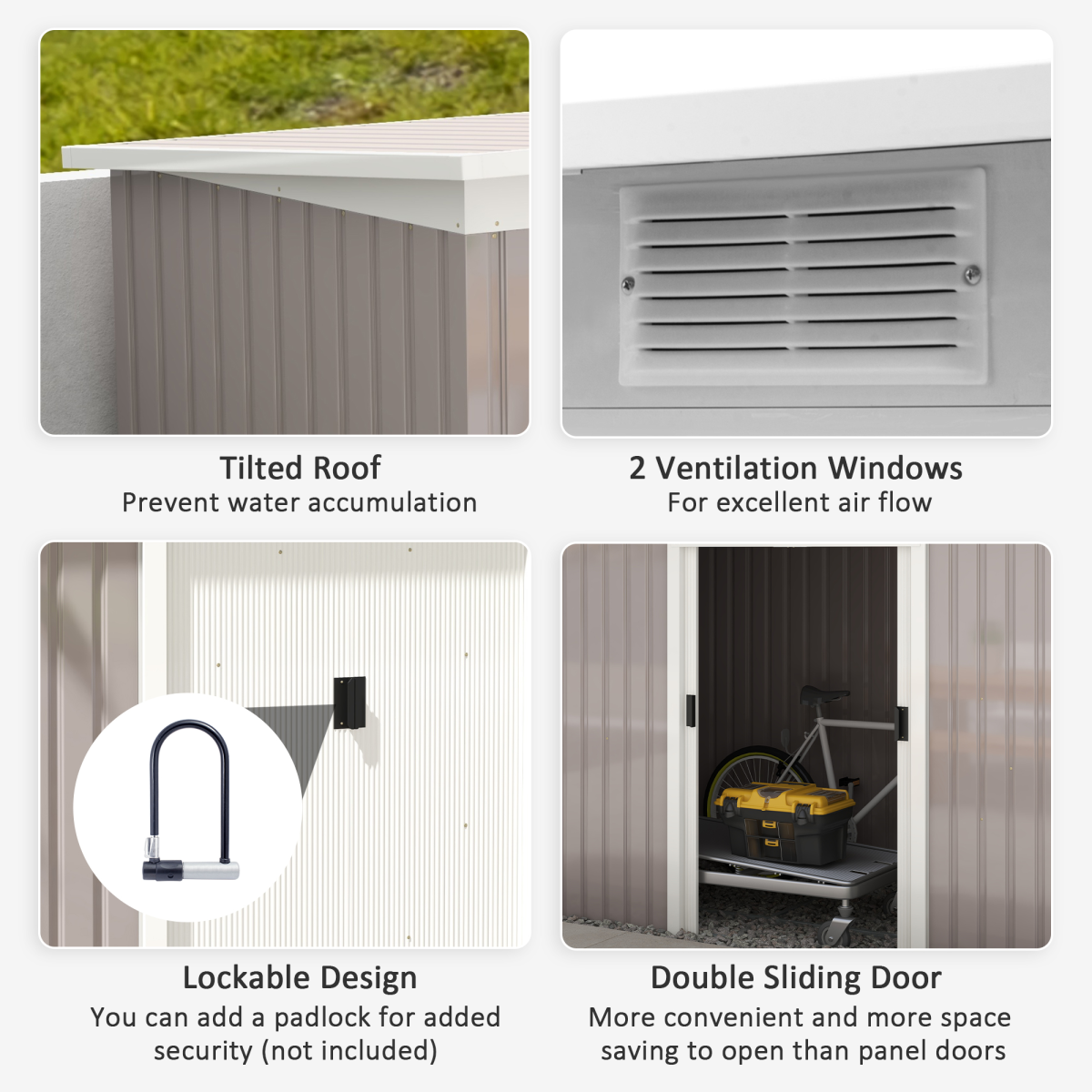 Metal Garden Shed with Sliding Lockable Double Doors, 2 Vents & Foundation Kit – 280 x 130cm, Light Grey
