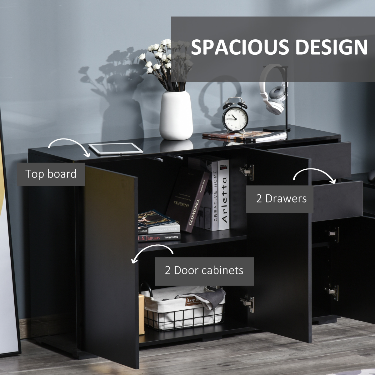Gloss & Matte Side Cabinet with 2 Doors & 2 Drawers – Black Home Office Storage