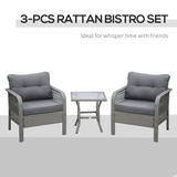 Outsunny 3-Piece PE Rattan Bistro Set with Two Armchairs, Cushions & Tempered Glass Table – Patio
