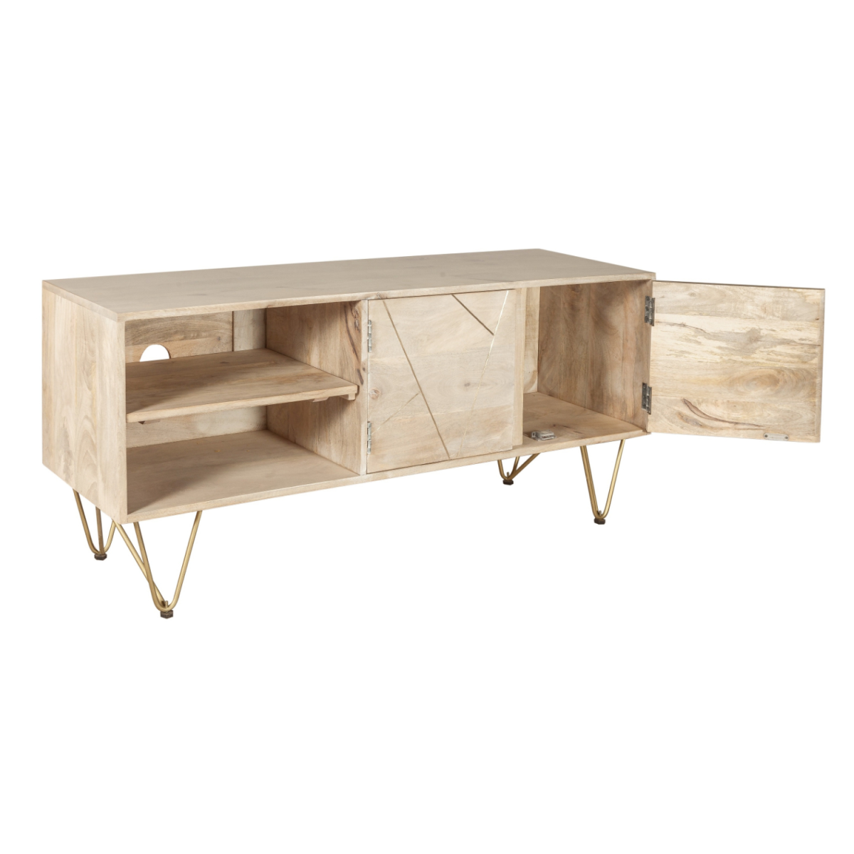 Solid Wood Media Unit with Light Gold Metal Inlay – TV Stand with Storage for Consoles