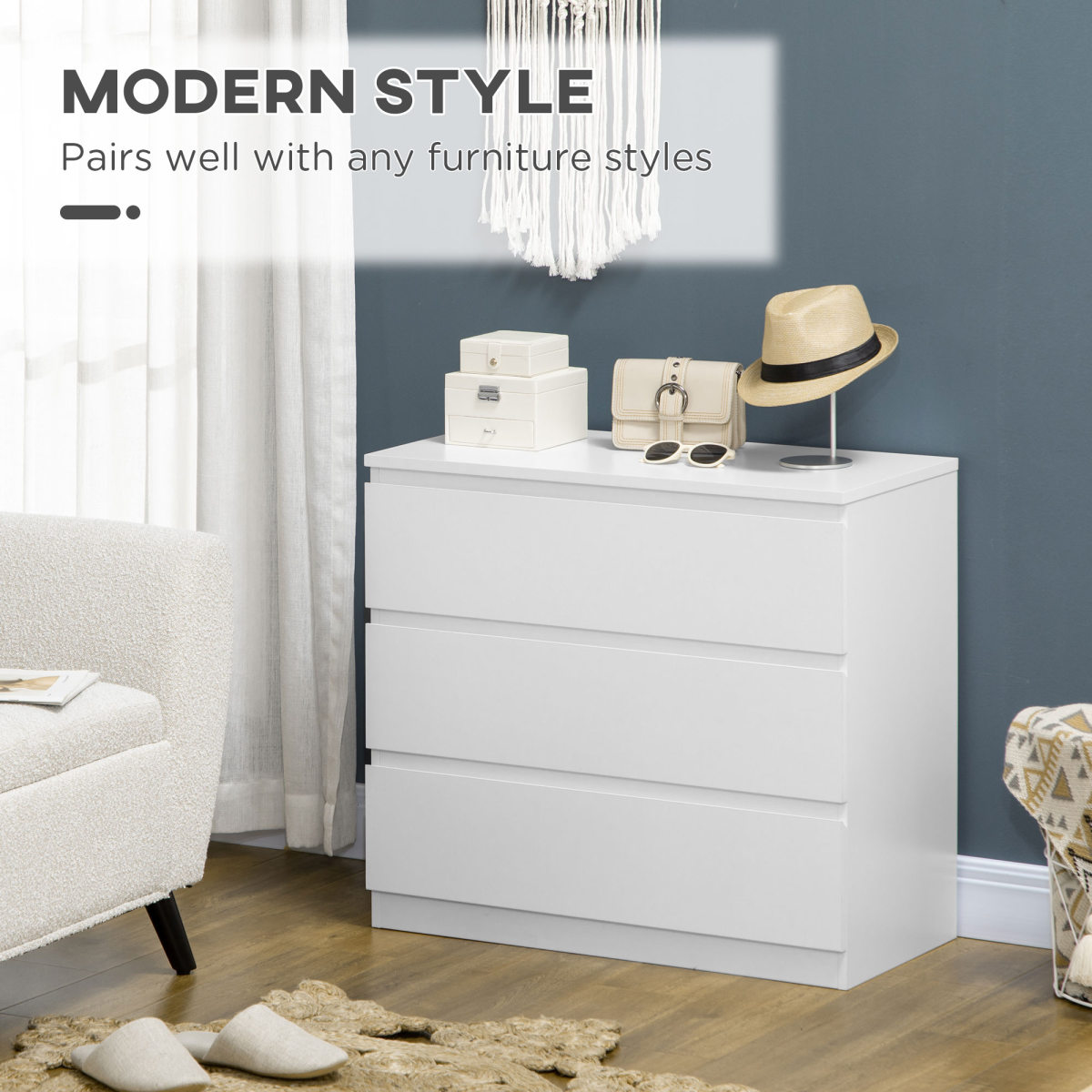 3-Drawer Chest of Drawers – Smooth-Running Bedroom Storage with Anti-Tip Fitting, White