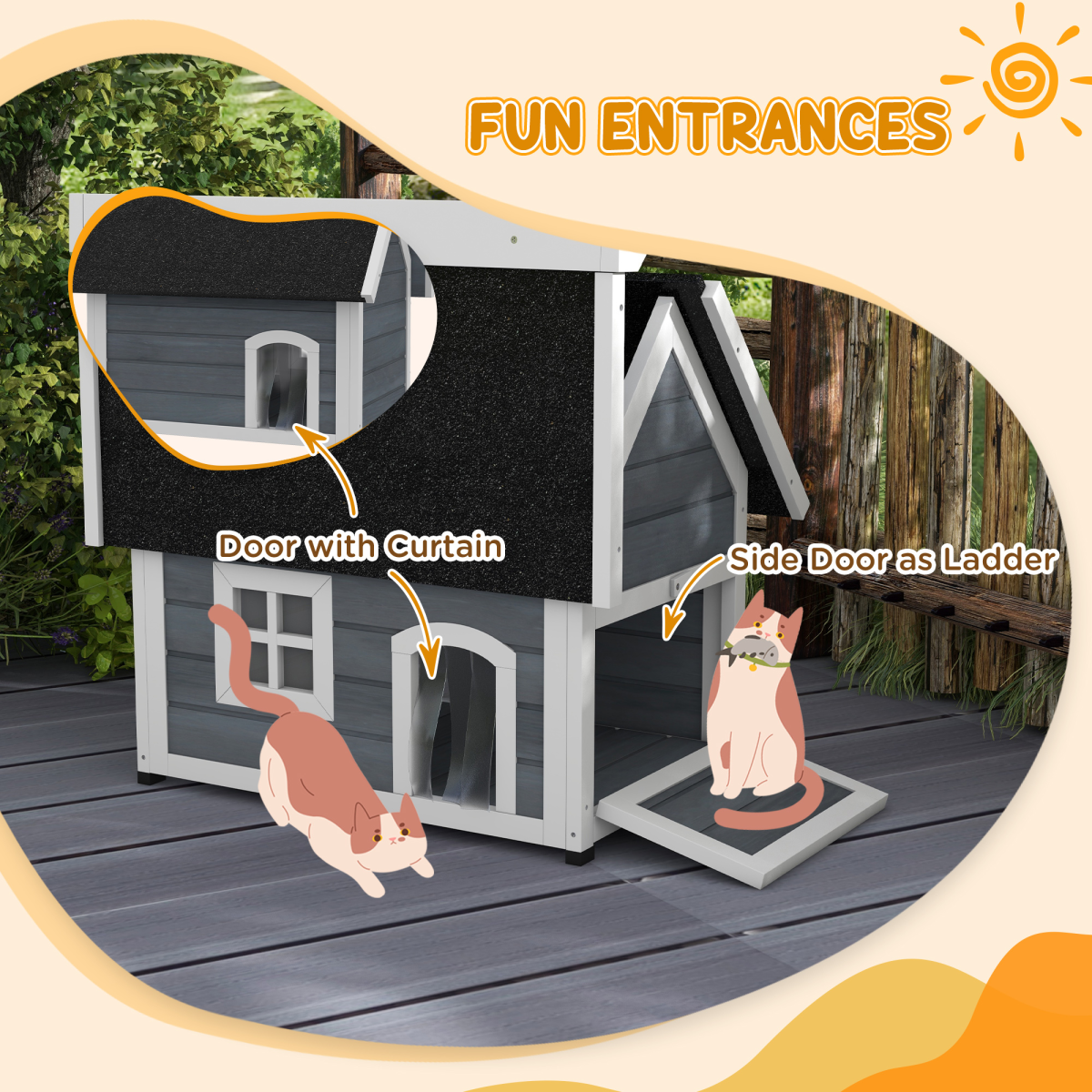 PawHut Outdoor Feral Cat House with Openable Asphalt Roof and Three Doors – Fir Wood Shelter, Grey
