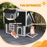 PawHut Outdoor Feral Cat House with Openable Asphalt Roof and Three Doors – Fir Wood Shelter, Grey