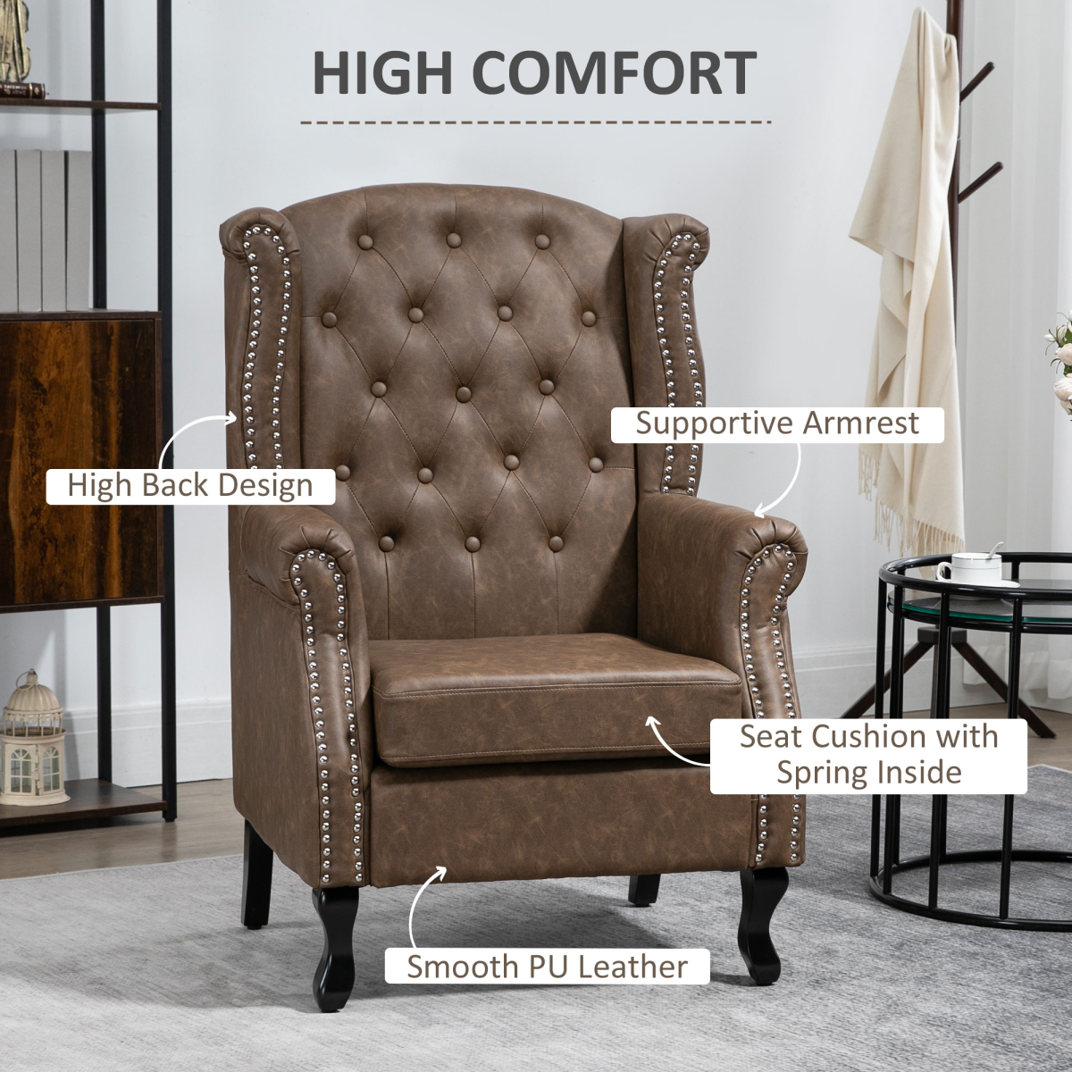 HOMCOM Chesterfield-Style Tufted Wingback Armchair with Padded Seat & Armrests – Classic Lounge Chair, Brown