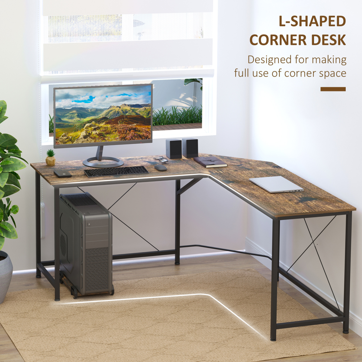 Industrial L-Shaped Corner Computer Desk with CPU Stand & Three Worktops – Retro Gaming Workstation