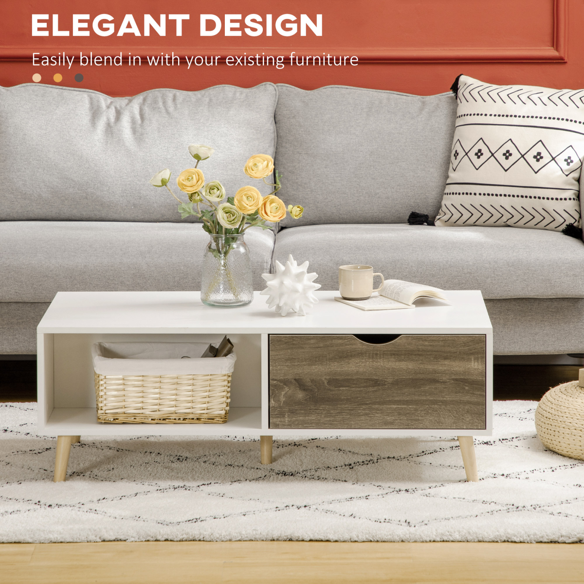 Modern White Coffee Table with Storage Shelves and 2 Sliding Drawers – Living Room Table with Wood-Effect Drawers