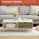 Modern White Coffee Table with Storage Shelves and 2 Sliding Drawers – Living Room Table with Wood-Effect Drawers
