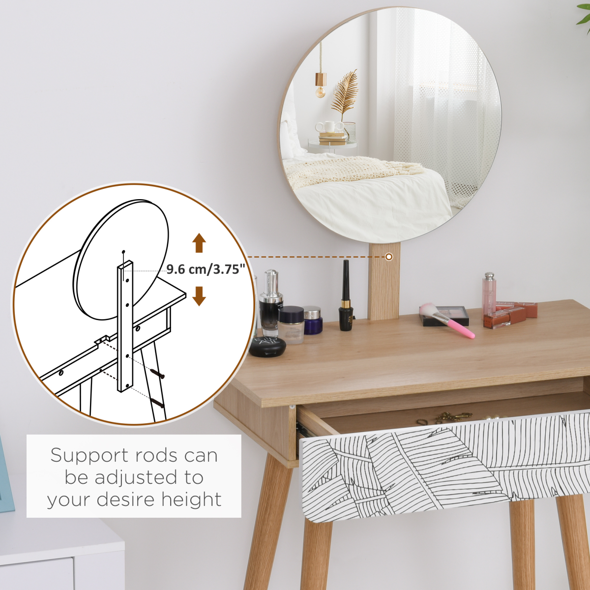 HOMCOM Nordic Dressing Table with Adjustable Round Mirror and Large Drawer – Solid Wood Vanity, Brown/White