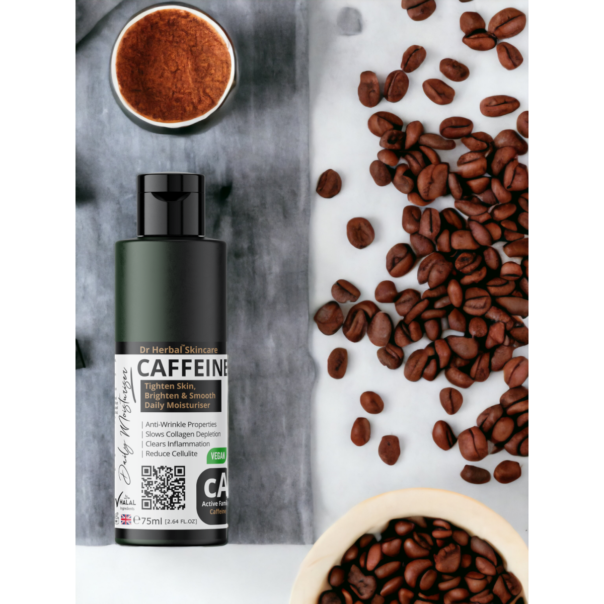 Dr Herbal Caffeine Daily Moisturiser 75ml with Coconut Oil, Silk Amino Acids & Peptides – Face Cream