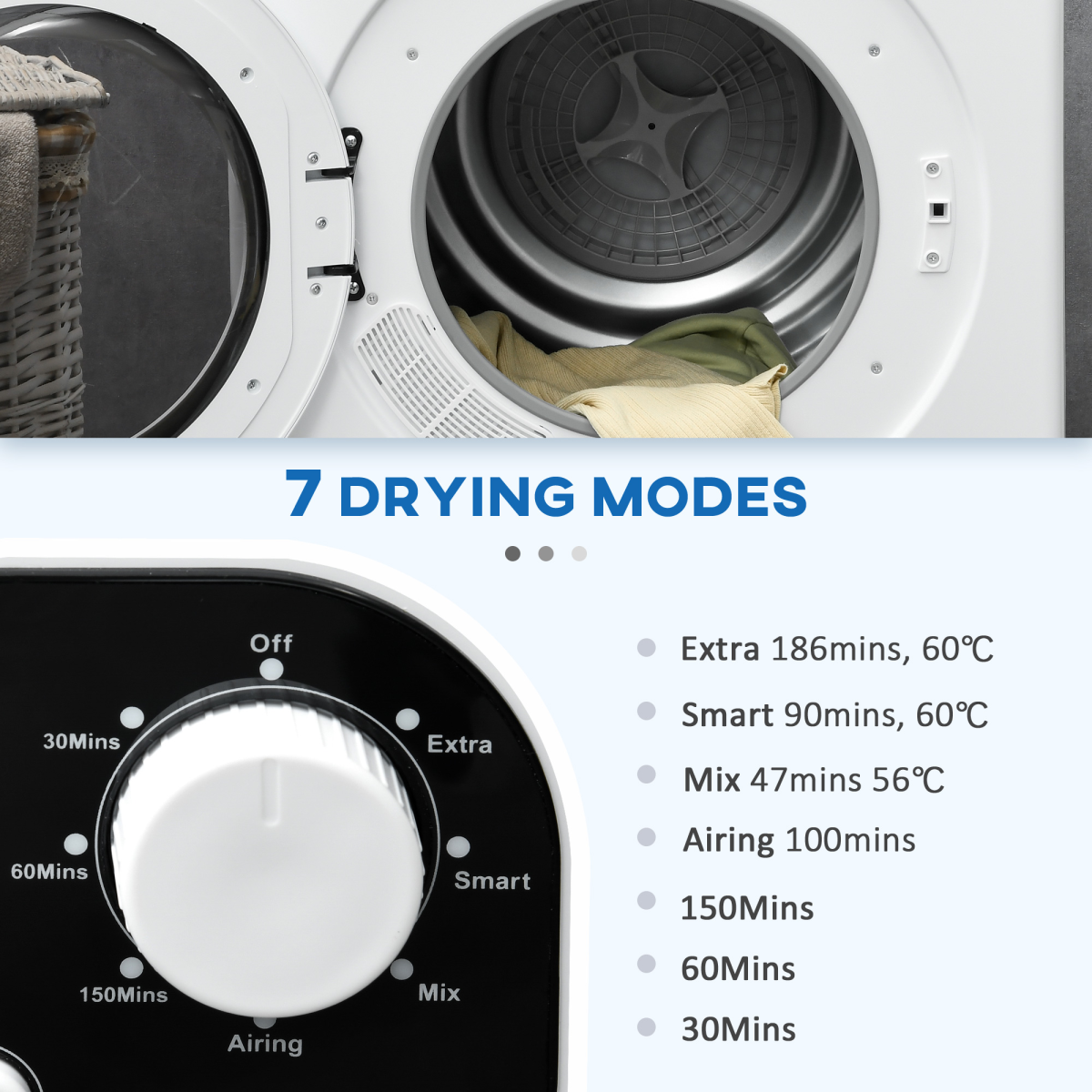 HOMCOM 6kg Vented Tumble Dryer with 7 Drying Programmes – Space-Saving Laundry Dryer, White