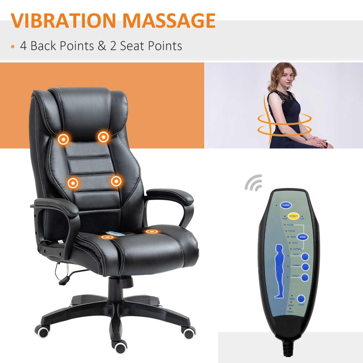 High Back Executive Massage Office Chair with 6-Point Vibration & Wired Remote – PU Leather, Black